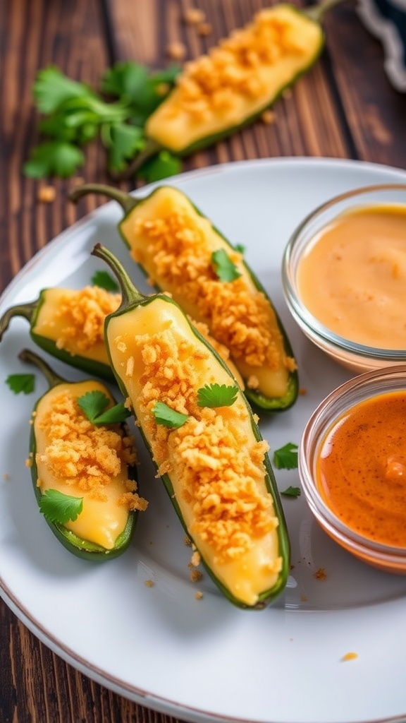 Golden jalapeño poppers with cheese filling on a rustic plate, garnished with cilantro.